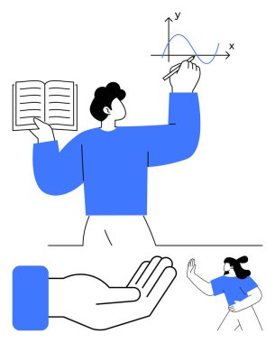 Kitabı tutarken grafiği açıklayan kişi, el destek konsepti, karakter çalıştırma. Eğitim, takım çalışması, destek, öğretim, büyüme motivasyon işbirliği için idealdir. Düz basit metafor