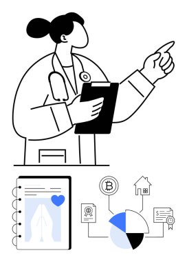 Doktor elinde haritaların, raporların ve finans, konut ve dijital sertifikaların yanında bir pano tutuyor. Sağlık, analiz, veri finansmanı eğitim büyümesi için ideal