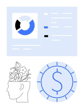 Çiçek açan insan kafası, dairesel istatistiklerle finansal tablolar ve madeni para simgesi. Mali strateji, yenilik, yaratıcılık, veri analizi, kişisel büyüme, yatırım başarısı için ideal