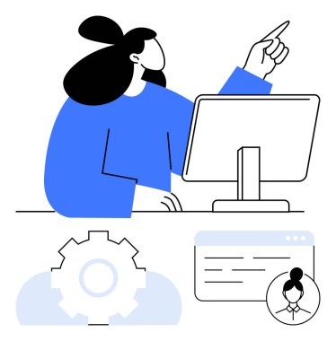 Yukarıya bakan bir kadın, bilgisayar monitörü, vites simgesi, web tarayıcısı, kullanıcı avatarı. Yenilik, teknoloji, takım çalışması, liderlik web sitesi tasarımı proje yönetimi için ideal düz metafor