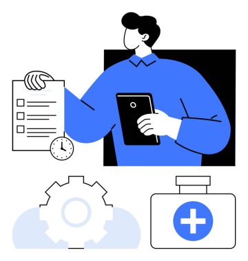 Kontrol listesi, tablet, saat, dişli ve tıbbi malzeme taşıyan kişiler görev yönetimi, sağlık hizmetleri ve organizasyonu sembolize ediyor. Üretkenlik, sağlık, planlama, iş akışı, kişisel bakım dairesi için ideal