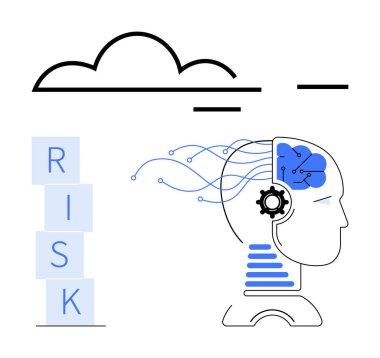 İnsan kafası, teçhizatlı ve sinirsel olarak üst üste gelen çizgiler, yakınlarda yığılmış risk blokları, soyut bulutlar. Yapay zeka, risk yönetimi, gelecekteki teknoloji, karar verme, yenilik, bulut hesaplama için ideal