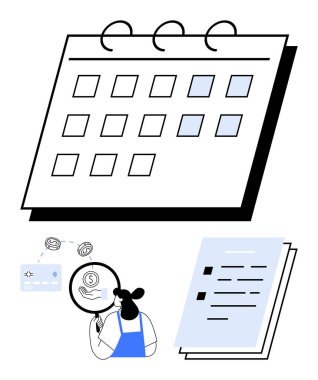 Vurgulanmış günlerin takvimi, büyüteçle finansal verileri analiz eden kişi, belgeler. Proje planlaması, zaman yönetimi, mali inceleme, program yönetimi, ofis iş akışı için ideal