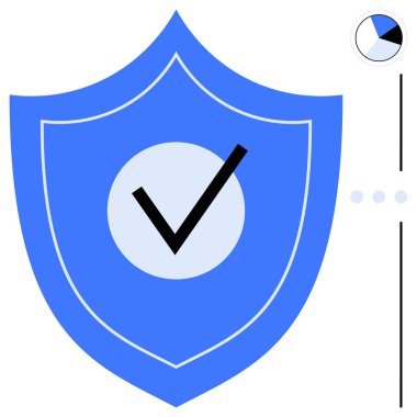 Ortasında kalın işaretli mavi bir kalkan. Yanında da turta çizelgesi ve ilerleme noktaları var. Siber güvenlik, güvenilirlik, güven, onay, veri güvenliği, sigorta, düz metafor