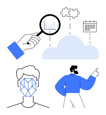 Verileri inceleyen büyüteç, bulmacalı ve takvimli bulut, yüz tanıma haritası ve çözümleri gösteren insan. Teknoloji, yenilik, takım çalışması, planlama, yapay zeka analizleri için ideal