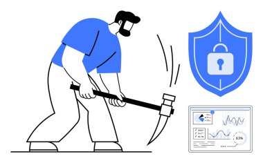 Kazma kullanan bir adam kalkanın yakınındaki veri madenciliğini güvenlik kilidi ve bir veri tablosu ekranı ile sembolize ediyor. Siber güvenlik, veri gizliliği, madencilik, teknoloji, analiz, dijital güvenlik, koruma için ideal