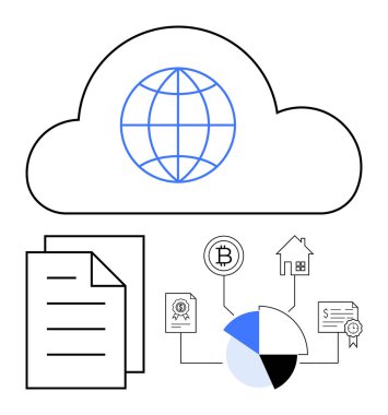 Küresel bulutlar, dokümanlar, kripto para birimleri, sertifika, gayrimenkul ve pasta grafiği ile bağlantılı. Finans, veri yönetimi, uzaktan kumandalı uzaktan kumandalı emlak küresel erişimi için ideal