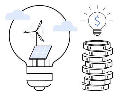 Ampul, yenilenebilir enerjiyi temsil eden güneş paneli ve rüzgar türbini barındırıyor. Parlayan para ampule sahip para yığını maliyet tasarruflarını simgeler. Sürdürülebilirlik, yatırım, temiz güç için ideal