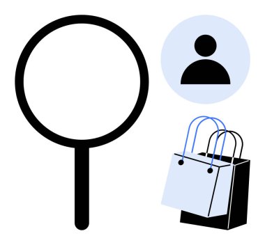 Büyüteç, kullanıcı profili simgesi, alışveriş poşetleri çevrimiçi alışveriş, kullanıcı araştırması, e-ticaret, müşteri deneyimi, ürün araması, perakende izleme, iş analizi dijital piyasasını sembolize ediyor