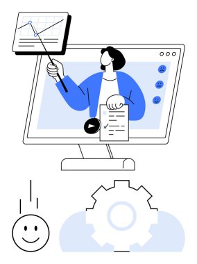 Bir bilgisayar ekranında grafik verisi sunan kişi, elinde bir belge tutuyor. Mutlu yüz, düşme hareketi ve vites ögeleri ilerleme ve yaratıcılığı gösteriyor. Eğitim, takım çalışması ve verimlilik için ideal
