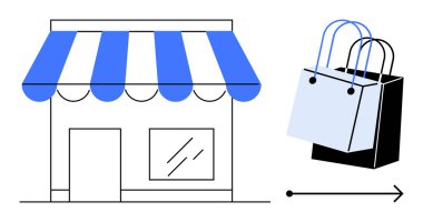 Mavi-beyaz tenteli, vitrin penceresi ve kapısı olan küçük bir dükkan. Komşu alışveriş torbaları ve ok işlemi gösteriyor. Perakende, e-ticaret, alışveriş, iş büyümesi, tüketici davranışı için ideal
