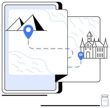 Tablet ekranı harita ile dağları ve kaleyi birleştiren rotayı navigasyon iğnelerini kullanarak gösteriyor. Seyahat planlama, keşif, seyrüsefer, turizm, macera, tarih ve teknoloji için ideal. Düz basit