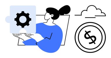 Dişli ikonlu yapboz parçası tutan kadın problem çözmeyi ve takım çalışmasını sembolize ediyor. Dolar işareti ve bulut ipucu yenilik, finans, bulut hesaplama. İş, finans ve teknoloji için ideal