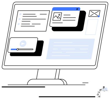 Ortam oynatıcısı, e- posta simgesi, metin penceresi ve resim açılışının yer aldığı masaüstü ekranı. Dijital iş, içerik oluşturma, çoklu görev, iletişim organizasyonu tasarım iş akışı için idealdir. Düz basit