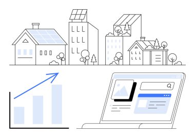Güneş enerjili konut ve ticari binalar, oklu büyüme şeması, dijital arayüzlü dizüstü bilgisayar. Yenilenebilir enerji, kentsel planlama, teknoloji, sürdürülebilirlik, veri eğilimleri için ideal