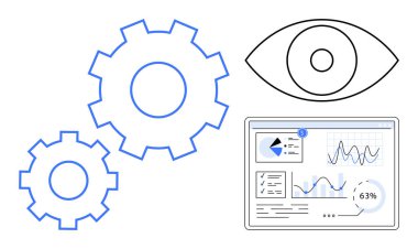 Birbirine bağlı dişliler, çizelgeli gösterge paneli ve özet göz veri analizlerini, otomasyonu, optimizasyonu ve sistem izlemesini temsil ediyor. Teknoloji, takım çalışması, süreç yenilik stratejisi için ideal