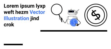 Robot bir madeni parayı büyüteçle inceliyor, teknoloji ve finansmanı birbirine bağlıyor. Fintech, AI, denetimler, veri analizleri, bankacılık, yatırımlar ve siber güvenlik için ideal. Soyut çizgi düz metafor