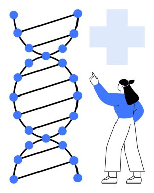 Mavi düğümlü DNA ipliği, sağlık sigortası haçı ve işaret eden bilim adamı. Bilim, sağlık, genetik, araştırma, biyoteknolojik yenilik için idealdir. Düz basit metafor