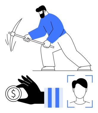 Kazma tutan kişi veri madenciliğini sembolize ediyor, para ile finans, yüz taraması kimlik gösteriyor. Veri analizi, kripto para birimi, yapay zeka, fintech, güvenlik, finans dairesi için ideal