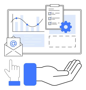 Ekrandaki grafikler, kontrol listesi panosu, e-posta simgesi, dişli, el ve işaret parmağı. Üretkenlik için ideal, takım çalışması analitik iletişim planlama organizasyonu iş akışı optimizasyonu. Düz