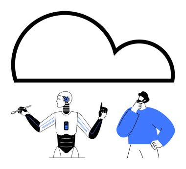 Robot tutma araçları ve üzerinde büyük bir bulut olan insan düşüncesi, yenilik, yapay zeka, takım çalışması ve dijital dönüşümü temsil ediyor. Teknoloji, yapay zeka geliştirme, işbirliği ve yenilik için ideal