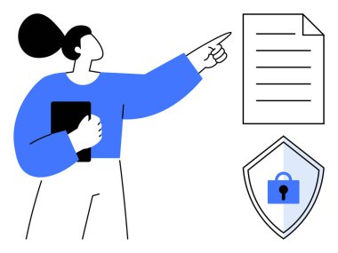 İş kadını bir belgeye işaret ediyor, elinde tablet var, güvenlik kalkanının yanında. Dijital güvenlik, uyum, veri koruması, mahremiyet, belge yönetimi, çevrimiçi güvenlik iş stratejisi için ideal
