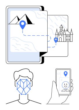 Dağlardan kaleye seyahat güzergahını gösteren tablet, yüz tanıma sistemi, cep telefonu ekranında gülümseyen selfie. Seyahat, teknoloji, kişiselleştirme, navigasyon için ideal