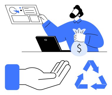 Finansal tablosu ve para çantası olan adam ekonomik sorumluluğu teşvik ediyor. Açık el vermeyi önerir, geri dönüşüm sürdürülebilirliği gösterir. İş, finans, yardım, bağış için ideal