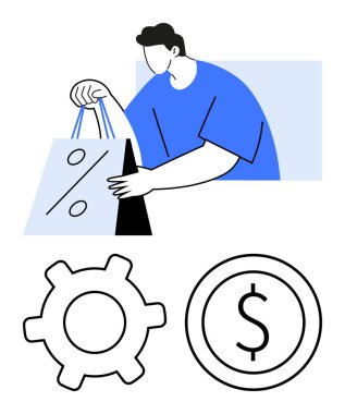 Üstünde yüzde işareti olan bir alışveriş çantası taşıyan bir adam. Yanında da ekipman ve dolar sembolleri var. Perakende, e-ticaret, indirim, tüketici davranışı, tasarruf, iş stratejisi pazarlaması için ideal. Düz basit