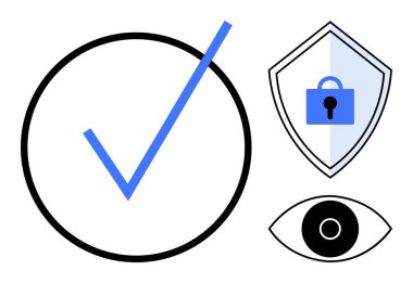 Mavi işaretli siyah daire, bölünmüş bir kalkana kilitlen ve siyah göz sembolü. Güvenlik, doğrulama, onaylama, siber güvenlik, gözetleme mahremiyeti koruma kavramları için ideal. Minimalist
