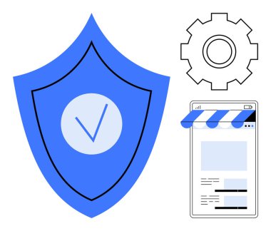 Güvenlik simgesi olan mavi kalkan, ayarları temsil eden dişli ve çevrimiçi iş için web sayfası. Siber güvenlik, e-ticaret, veri gizliliği, çevrimiçi güvenlik, ayarlar için ideal