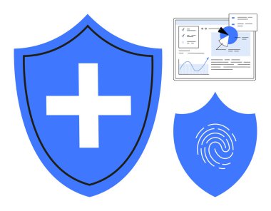 Haç ve parmak izi ikonlarına sahip mavi kalkanlar, analitik gösterge paneliyle eşleştirilmiş güvenliği vurguluyor. Veri gizliliği, siber güvenlik, tıbbi koruma, kimlik doğrulama, yazılım, teknoloji için ideal