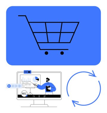 Alışveriş arabası e-ticareti sembolize ederken, monitörde veri sunan kişi video dersleri ve eğitimi yansıtıyor. Dairesel oklar sürekli süreçleri gösteriyor. E-ticaret için ideal.