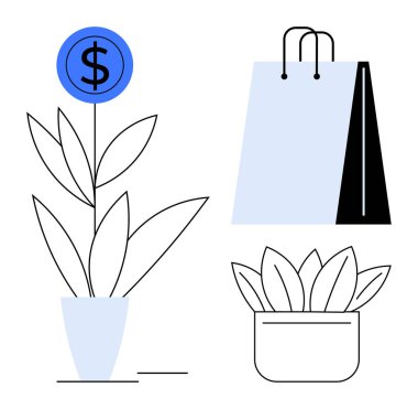 Dolar işareti, alışveriş çantası ve finansal büyümeyi, yatırımları, çevre dostu alımları sembolize eden küçük bir saksı para fabrikası. Finans, büyüme, alışveriş, yatırım için ideal