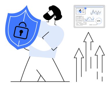 Kalkanla veri toplayan kişi, ekranda dijital analiz, büyümeyi simgeleyen yukarı doğru oklar. Güvenlik, veri, koruma, analitik, büyüme iş başarısı için idealdir. Düz basit metafor
