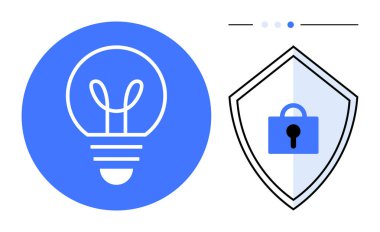 Ampul, kalkanın yanında güvenliği simgeleyen kilitleri temsil ediyor. Yenilik, koruma, siber güvenlik, veri gizliliği, fikri mülkiyet, güvenli çözümler, teknoloji güvenliği için ideal