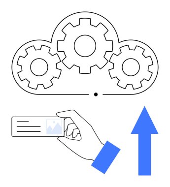 Bulut simgesi içindeki dişliler sistem entegrasyonunu sembolize eder. Kimlik kartı tutan kullanıcı bulut hizmetiyle etkileşime girer, ok yüklemeyi temsil eder. Bulut teknolojisi, veri alışverişi, işlem otomasyonu için ideal