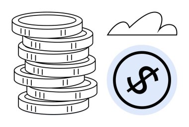 Çemberin içinde işaretlenmiş bir dolar işareti ve küçük bir bulut var. Finans, kısıtlama, ekonomi, tasarruf, bütçe, kısıtlamalar, yatırım için ideal. Düz basit metafor