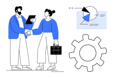 El sıkışan iki kişi, dosya ve evrak çantası. Veri ve dişli çizelgesi takım çalışmasını sembolize eder, başarıyı. İş için ideal, takım çalışması, anlaşma, ortaklık, strateji verimliliği işbirliği dairesi