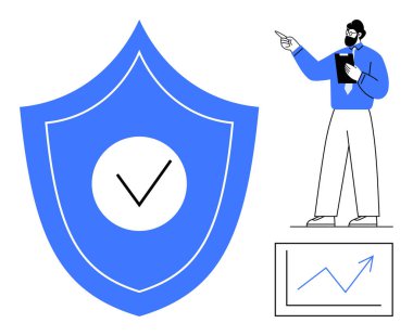 İşaretli kalkan, yukarı doğru eğilim grafiğini gösteren profesyonel bir işaret. İş güvenliği, başarı, büyüme, veri analizi, liderlik, strateji yeniliği için idealdir. Temiz düz basit metafor