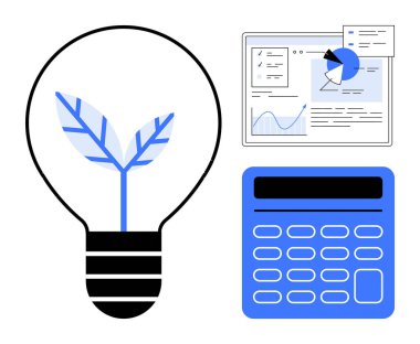 Ekolojik yeniliği sembolize eden bir bitki ampulü, grafikleri gösteren analitik gösterge paneli ve finansmanı vurgulayan hesap makinesi. Sürdürülebilirlik, finans, teknoloji, veri, çevre için ideal