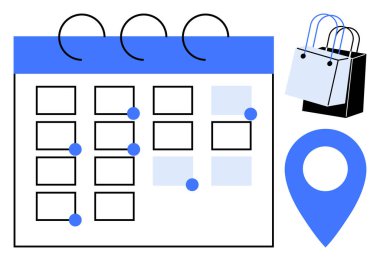 Vurgulanmış tarihler, alışveriş torbaları ve bir lokasyon rozeti olan bir takvim. Etkinlik planlaması, perakende pazarlama, zaman yönetimi, randevular, satış planlaması, soyut çizgi düz metaforu için ideal