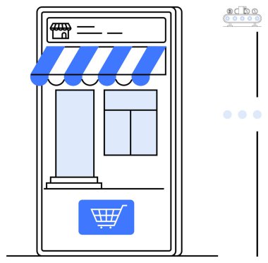Çevrimiçi alışveriş için çizgili güneşliği, penceresi ve el arabası düğmesi olan bir dükkan cephesini gösteren mobil bir cihaz. E-ticaret, dijital pazarlama, perakende, mobil uygulamalar, girişimler, çevrimiçi mağazalar için ideal