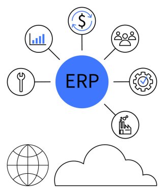 Finans, analitik, takım çalışması, araçlar, kalite ve imalat ikonlarına bağlı merkezi mavi ERP çemberi. Küre ve bulut simgeleri aşağıda. Yönetim, verimlilik iş akışı entegrasyonu için ideal