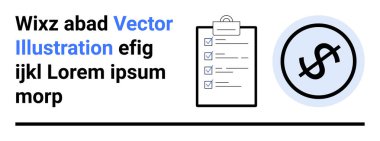 İşaretli görevleri olan kontrol listesi ve zaman yönetimi, verimlilik ve finans sektörünü temsil eden dairesel dolar işareti simgesi. Planlama, bütçe belirleme, hedef belirleme, görev izleme, iş akışı ve basit bir
