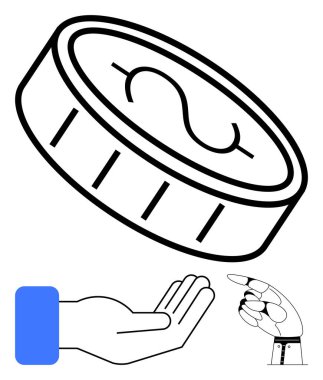 Uzanmış insan eli, mavi kollu, robotik elin işaret ettiği gibi dolar sikkesi için uzanıyor. Finans, yenilik, yatırım, takım çalışması, teknoloji, fırsat, iş için ideal. Düz basit