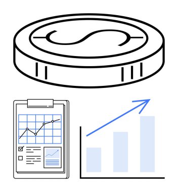 Değeri vurgulayan madeni para, analitiği görselleştirme raporu ve finansal başarıyı simgeleyen tablo. Finans, tasarruf, yatırım, ilerleme, iş stratejisi, veriye dayalı kararlar için ideal basit