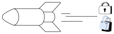 Kilit ve alışveriş torbalarına doğru hareket halindeki roket. E-ticaret, güvenli işlemler, hızlı dağıtım, siber güvenlik, çevrimiçi mahremiyet, dijital alışveriş, ticarette yenilik için ideal. Soyut