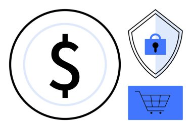 Çemberin içinde dolar işareti, kilidi olan bir kalkan ve kombine bir alışveriş arabası. Finans, e-ticaret, güvenlik, çevrimiçi alışveriş, dijital işlemler siber güvenlik perakendecisi için ideal. Soyut çizgi