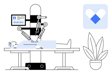 Ameliyat masasında yatan insanları ameliyat eden robot kollar, hasta verilerini gösteren tıbbi monitör, yanında saksı bitkisi. Tıbbi teknoloji için ideal, robotik sistemler, sağlık hizmetleri gelişimi, ameliyat